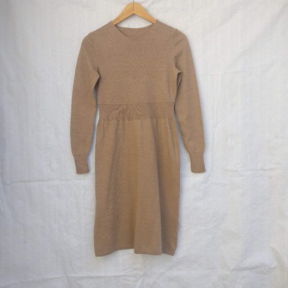 Simple Wool ribbed Knit Sweater Dress 100% Merino Wool, Camel brown - Picture 1 of 6